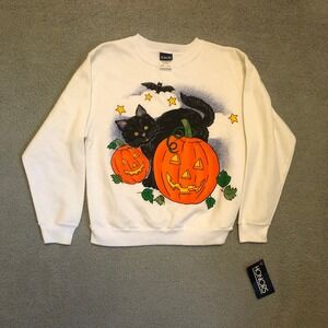 VTG 90s Honors Halloween Sweatshirt Black Cat Pumpkin White Girls L 10/12 NWT